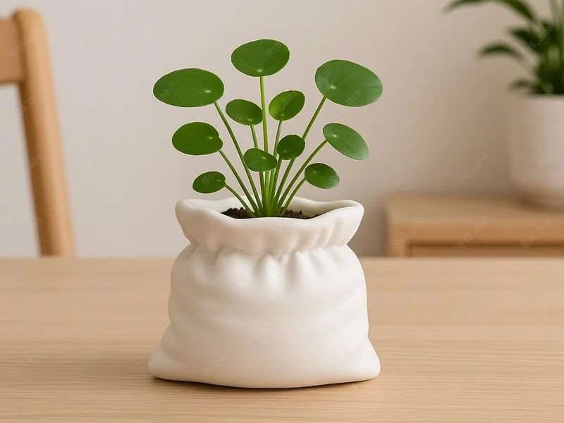 Sacco sack-shaped white plant pot with gathered sculpted details and a broad rim