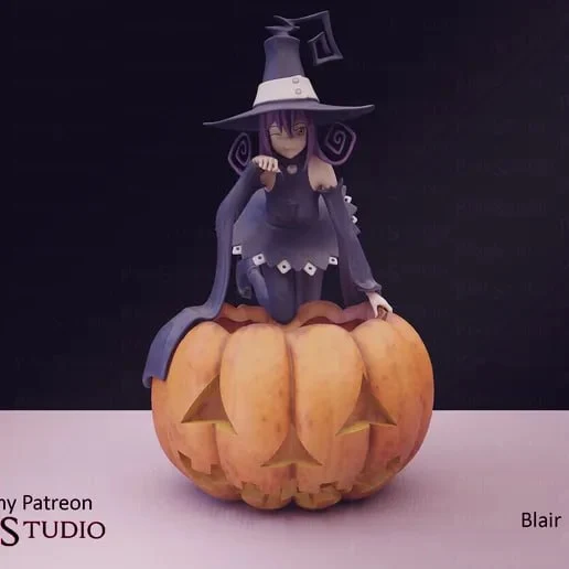 Blair from Soul Eater seated on a pumpkin in a pointed witch hat