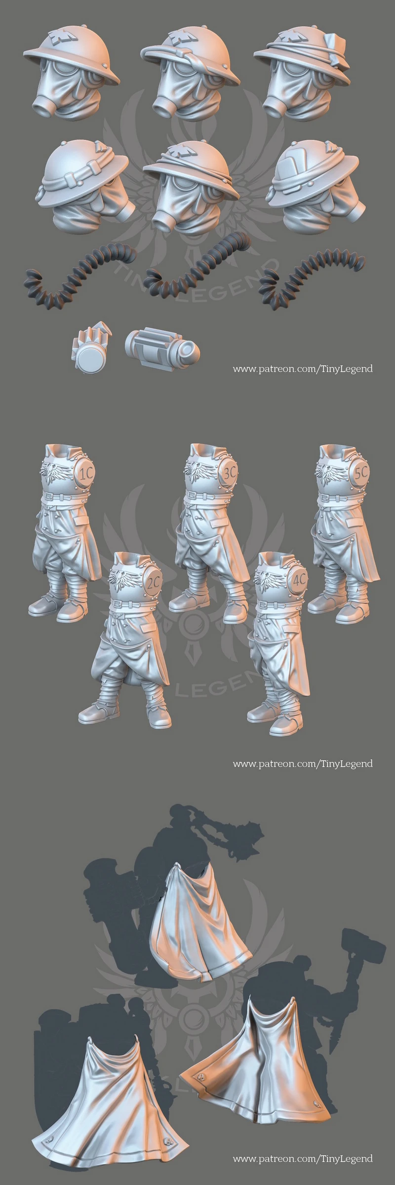 Fantasy tabletop miniatures with helmeted masked figures, armor, capes, and accessories