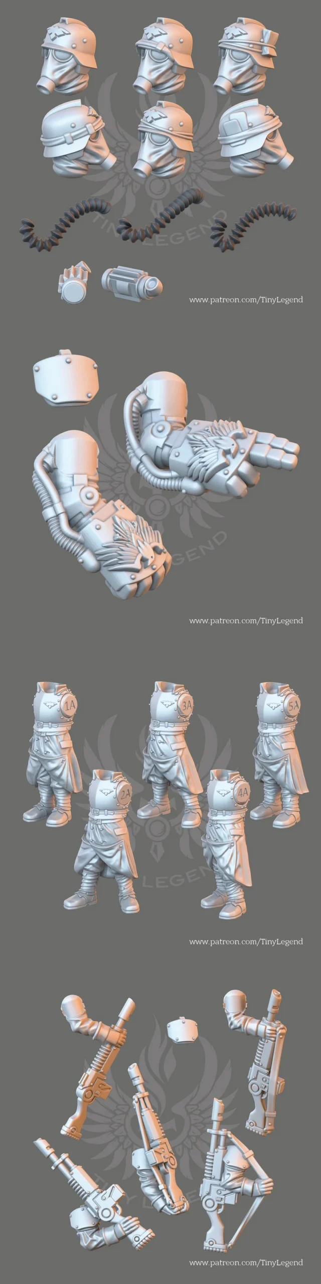 Armored fantasy tabletop miniatures with helmet variants, mechanical limbs, weapons, and character parts