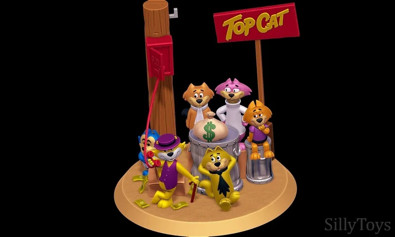 Top Cat cartoon gang diorama with money bag and rooftop sign