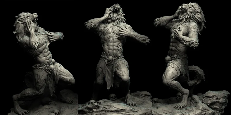 Fantasy werewolf 3D figure with fur, claws, fangs, tail, and rocky base