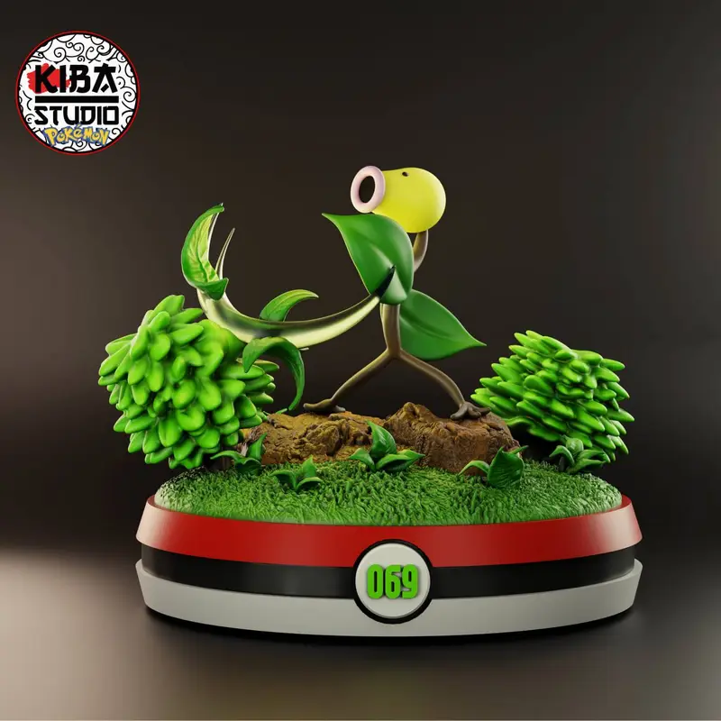Green plant-like Pokémon figure on a leafy diorama base with a 069 display pedestal