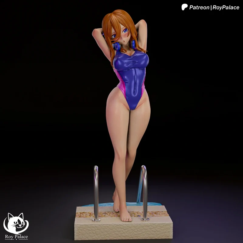 Miku Nakano 3D figure in a purple swimsuit on a poolside display base