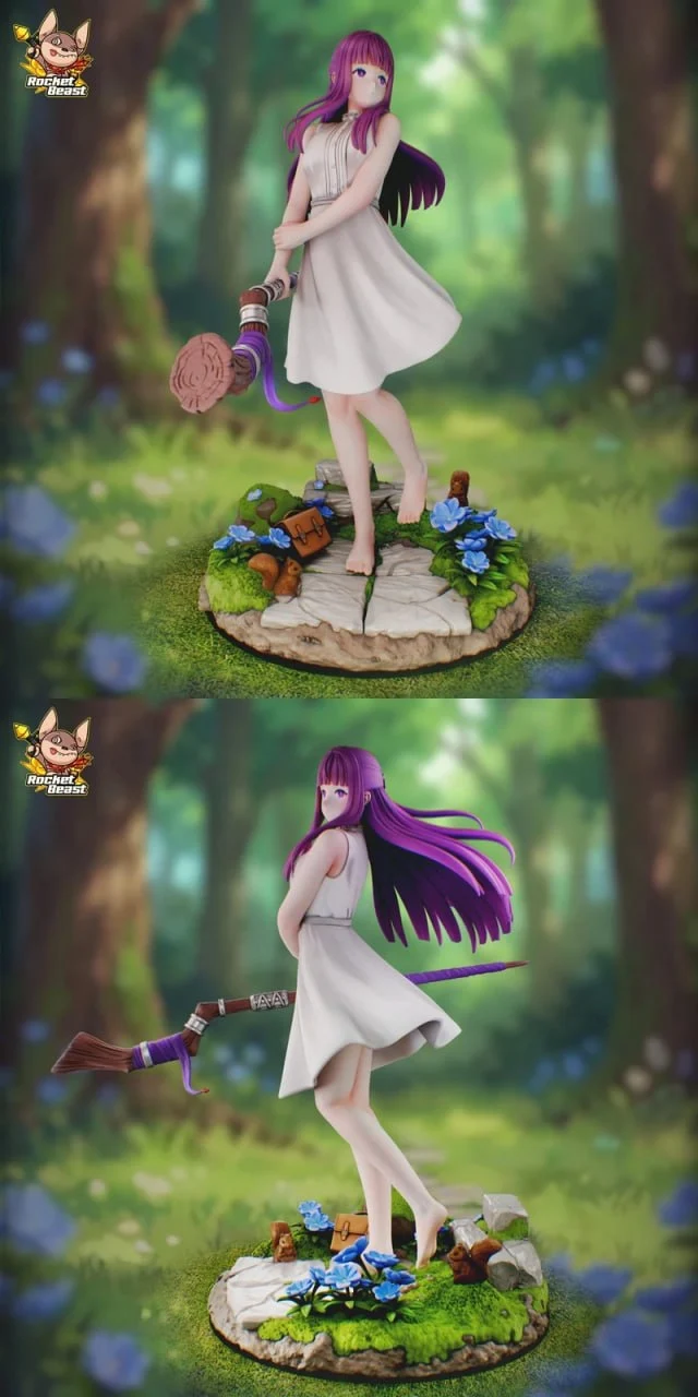 Fern from Frieren in a white dress holding a staff on a forest display base