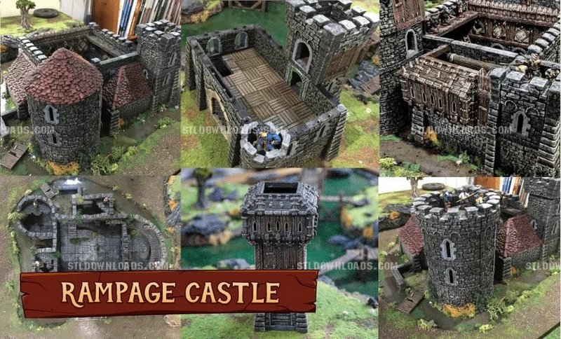 Rampage Castle miniature with stone towers, crenellated walls and red-tiled roofs