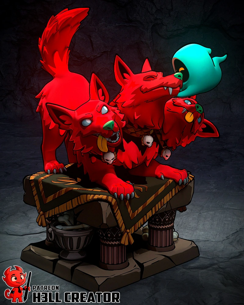 Red three-headed Cerberus fantasy character with a blue ghost on an ornate pedestal