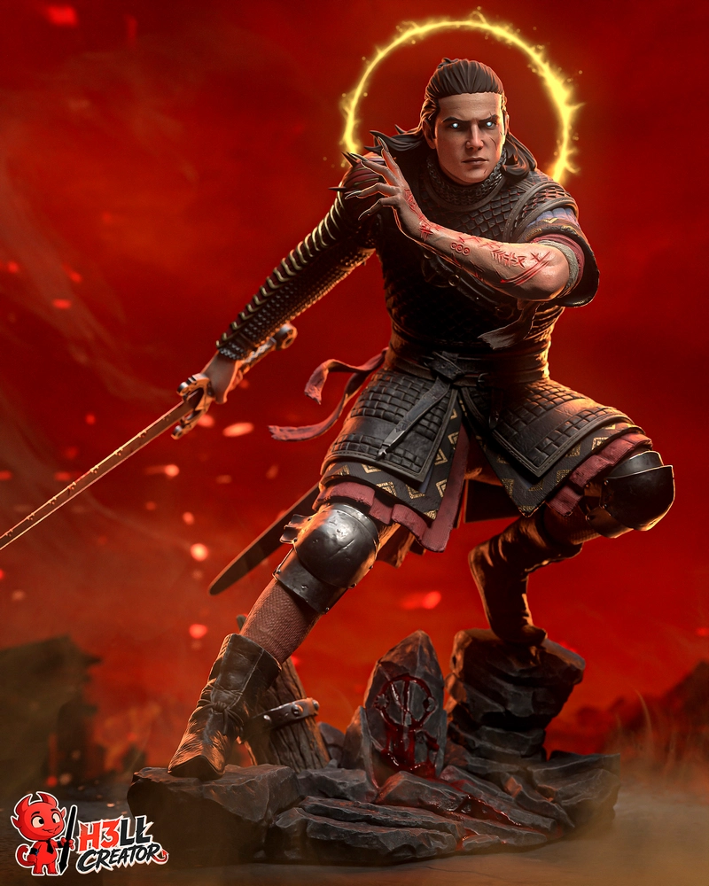 Coen from The Blood of Dawnwalker holding a sword on a rocky statue base
