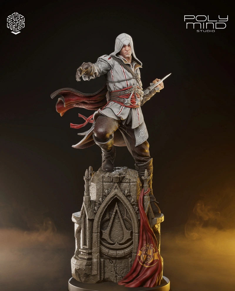 Ezio Auditore Assassin’s Creed statue with sword, cape, and stone pedestal