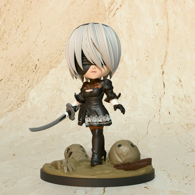 Chibi 2B from NieR:Automata holding a curved sword on a rubble base
