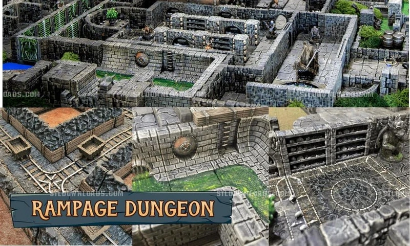 Rampage Complete Dungeons stone dungeon terrain with rooms, corridors and tabletop details