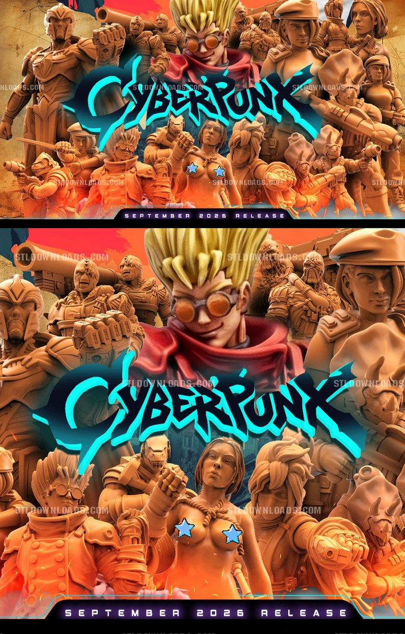 Cyberpunk 2077 3D character collection with a goggle-wearing central figure