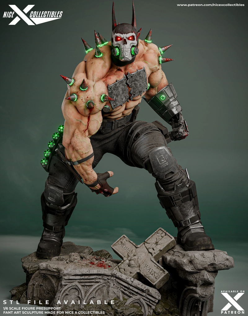 Absolute Batbane DC Comics statue with skull mask, spikes, armor, and ruined base