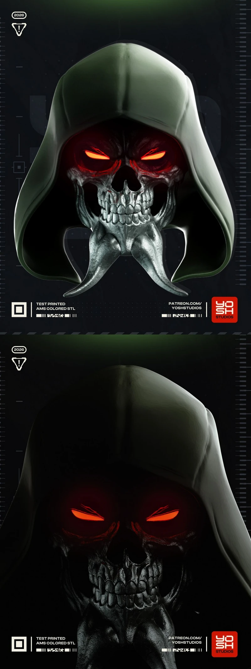 Green Arrow helmet STL with hooded skull face and glowing orange eyes