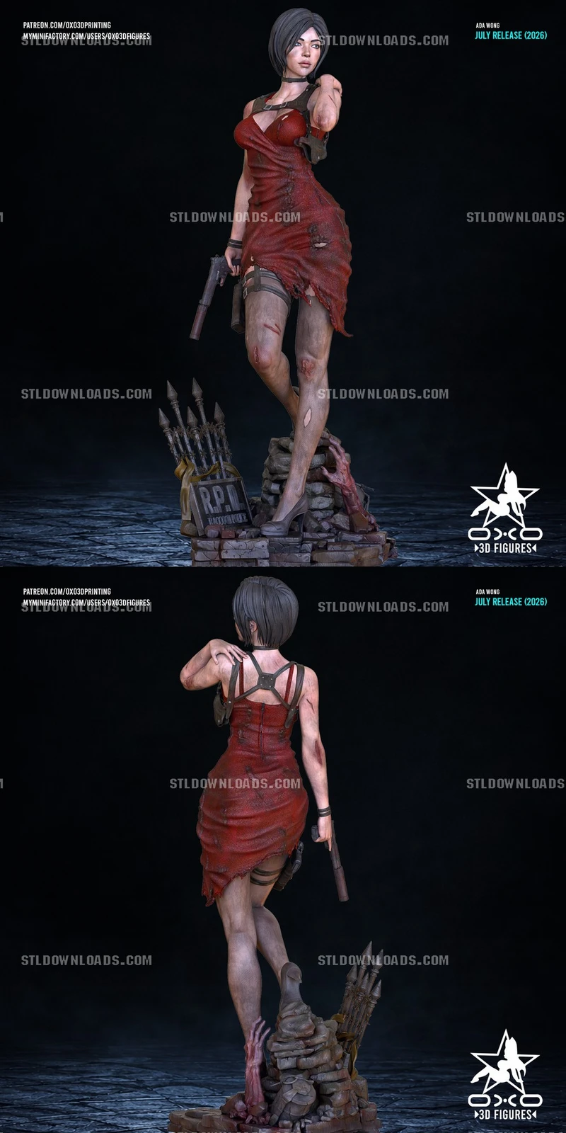 Ada Wong Resident Evil character statue in a red dress on a stone base