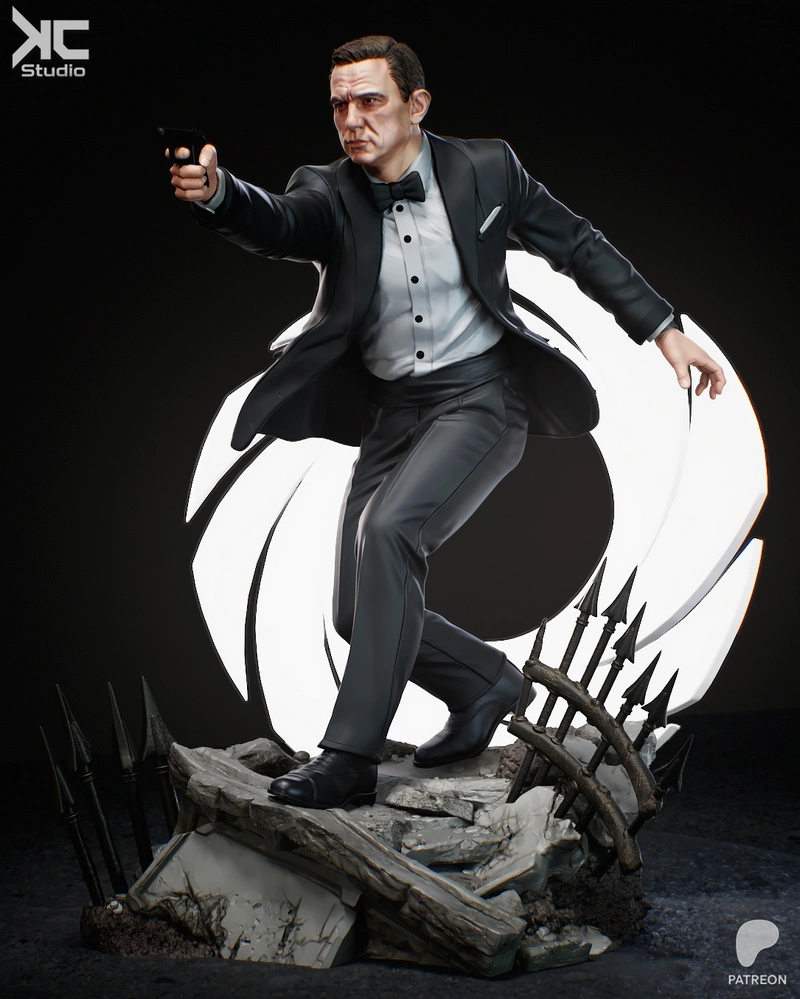 Agent Bond 007 James Bond statue in a tuxedo holding a pistol