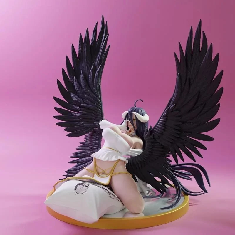 Albedo from Overlord seated in a white dress with large black wings