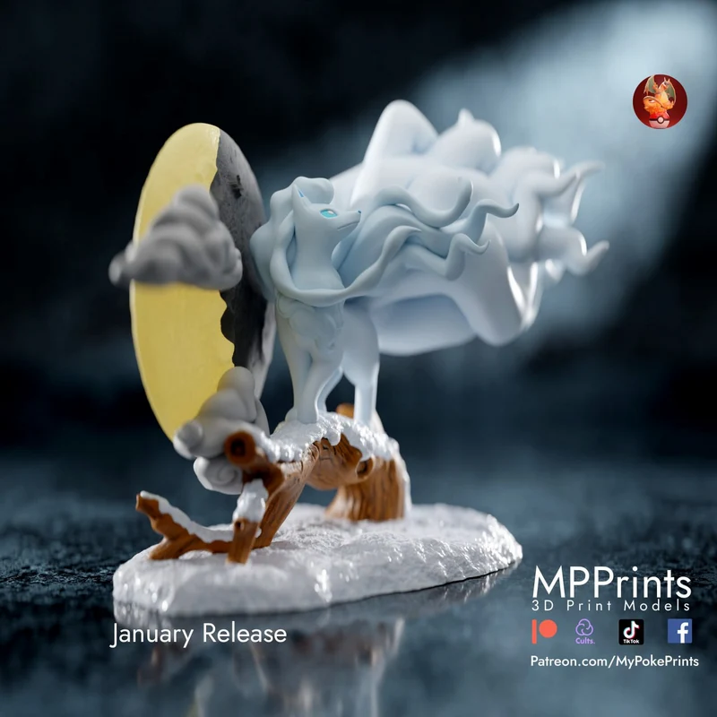 Alolan Ninetales 3D model with flowing tails on a snowy display base