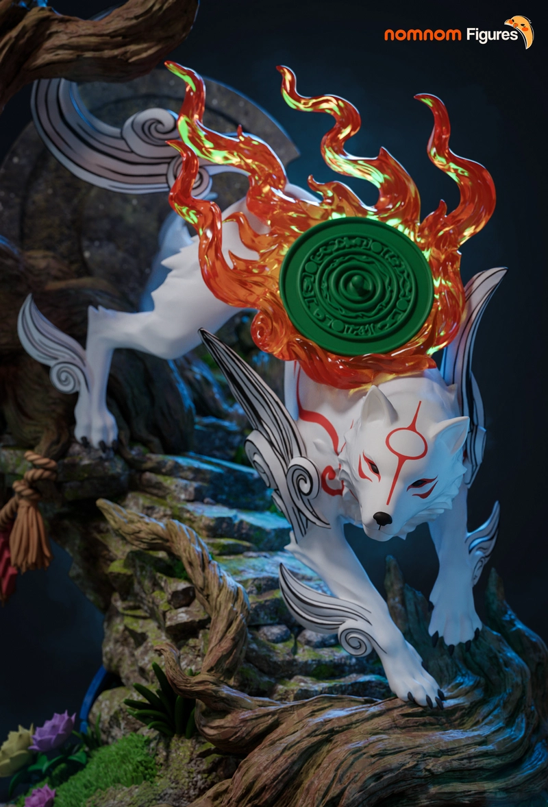 Amaterasu from Ōkami, a white wolf figurine with red markings and a fiery ornament
