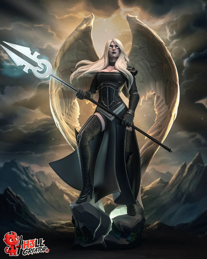 Avacyn with wings, staff, dark armor, and a rocky base