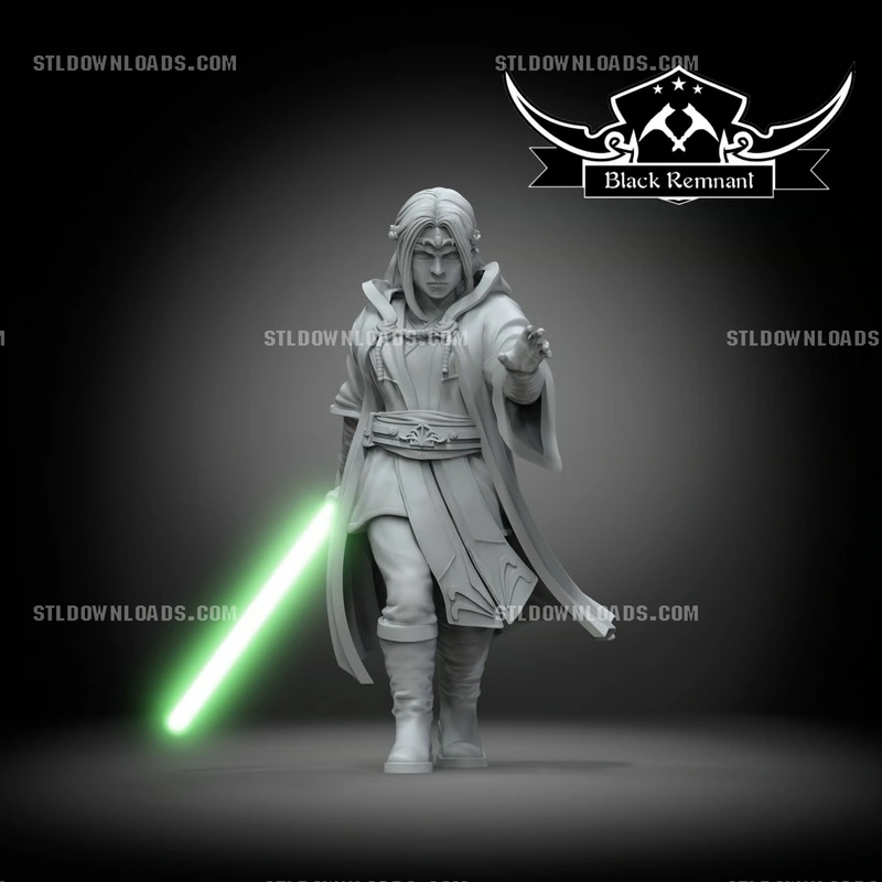 Avar Kriss statue in flowing Jedi robes holding a green lightsaber