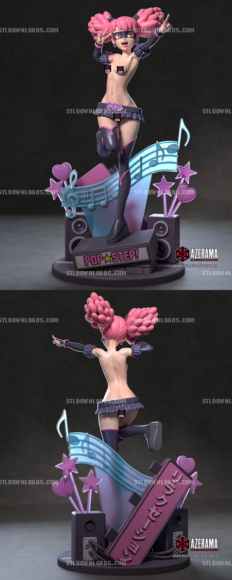 Pop Step My Hero Academia 3D statue with pink hair and music-themed display base