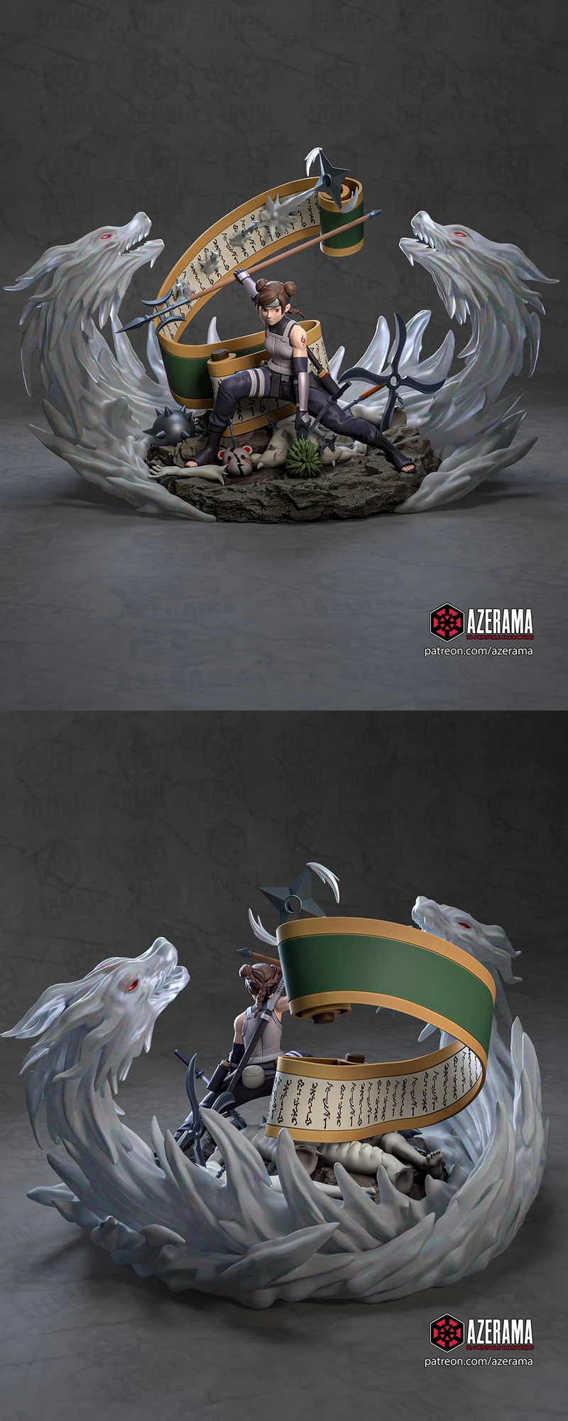 Tenten Naruto 3D model with scroll, weapons, rocky base, and spectral wolf forms