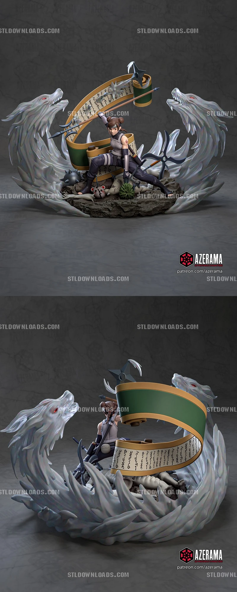 Tenten from Naruto seated with a scroll, weapons, and spectral wolf-like effects