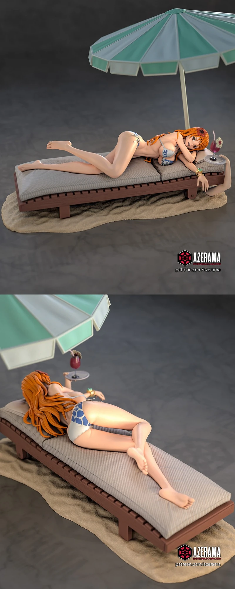 Nami from One Piece reclining on a beach chaise beneath a striped parasol