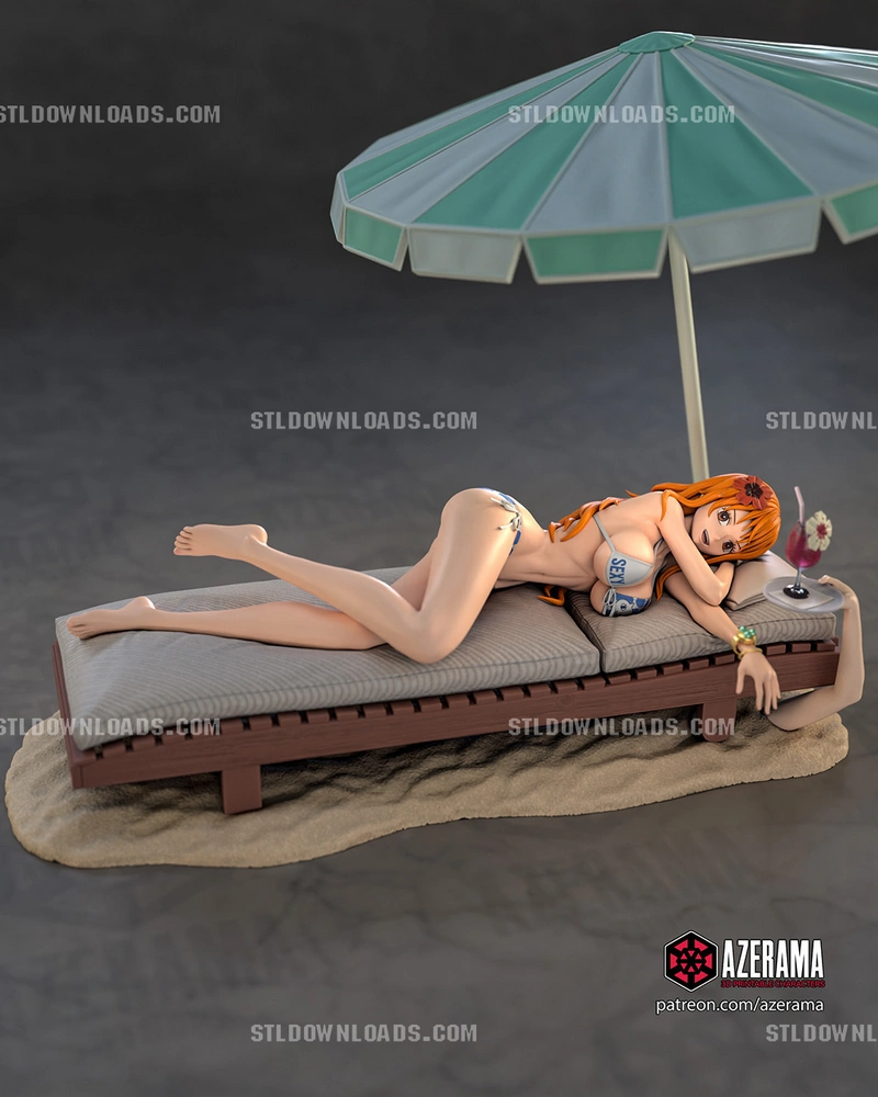 Nami from One Piece reclining on a beach chaise beneath a parasol