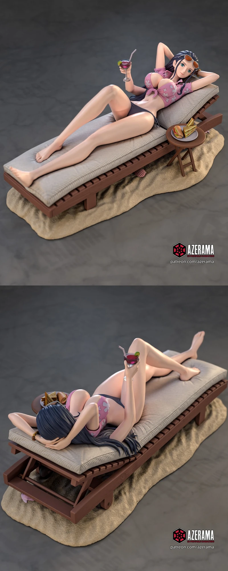 Nico Robin from One Piece reclining on a lounger in a beach-style 3D diorama