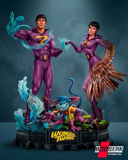 Wonder Twins diorama with Zan, Jayna, Gleek, elemental effects, and display base