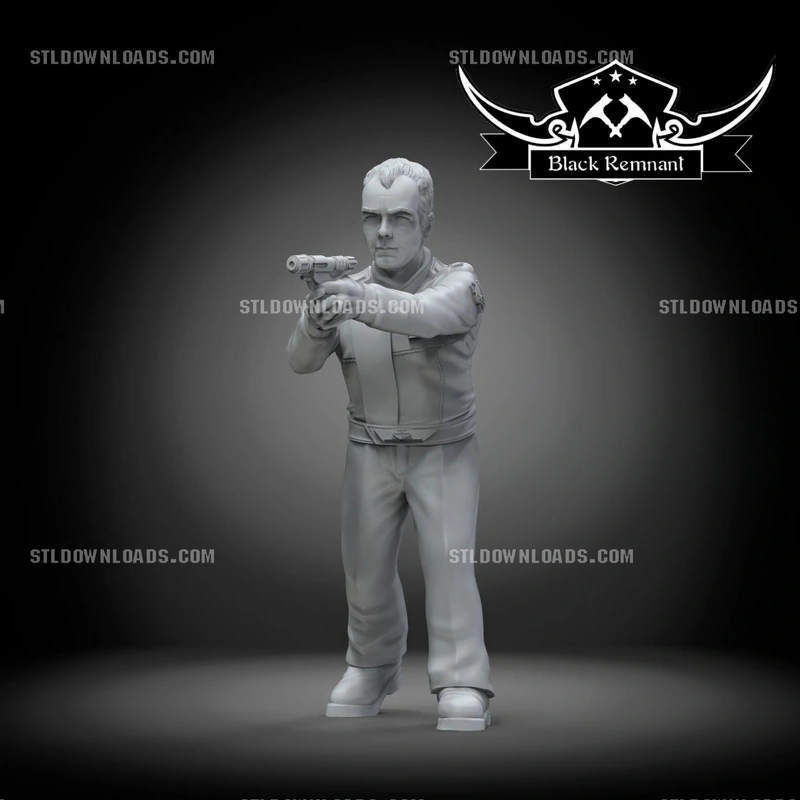 Michael Garibaldi Babylon 5 3D model in uniform aiming a sci-fi pistol