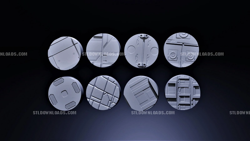 Eight circular Star Wars industrial base designs with varied mechanical panel details