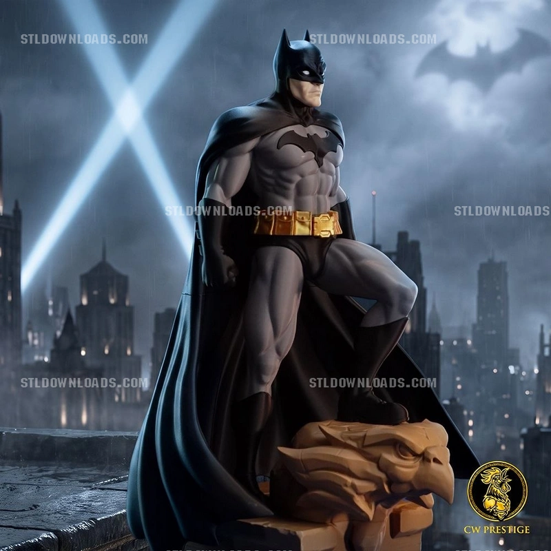Batman statue standing on a carved gargoyle base with cape and utility belt