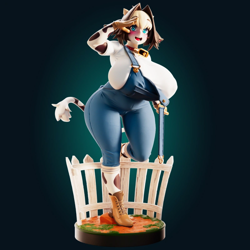 Bell Nee Cow Girl cow-themed character figurine in blue overalls on a fence base