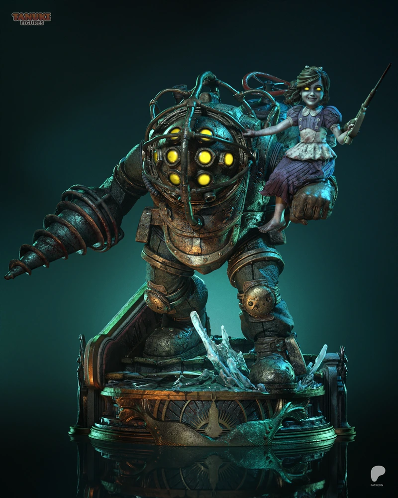 Big Daddy BioShock statue with drill, glowing portholes, and Little Sister