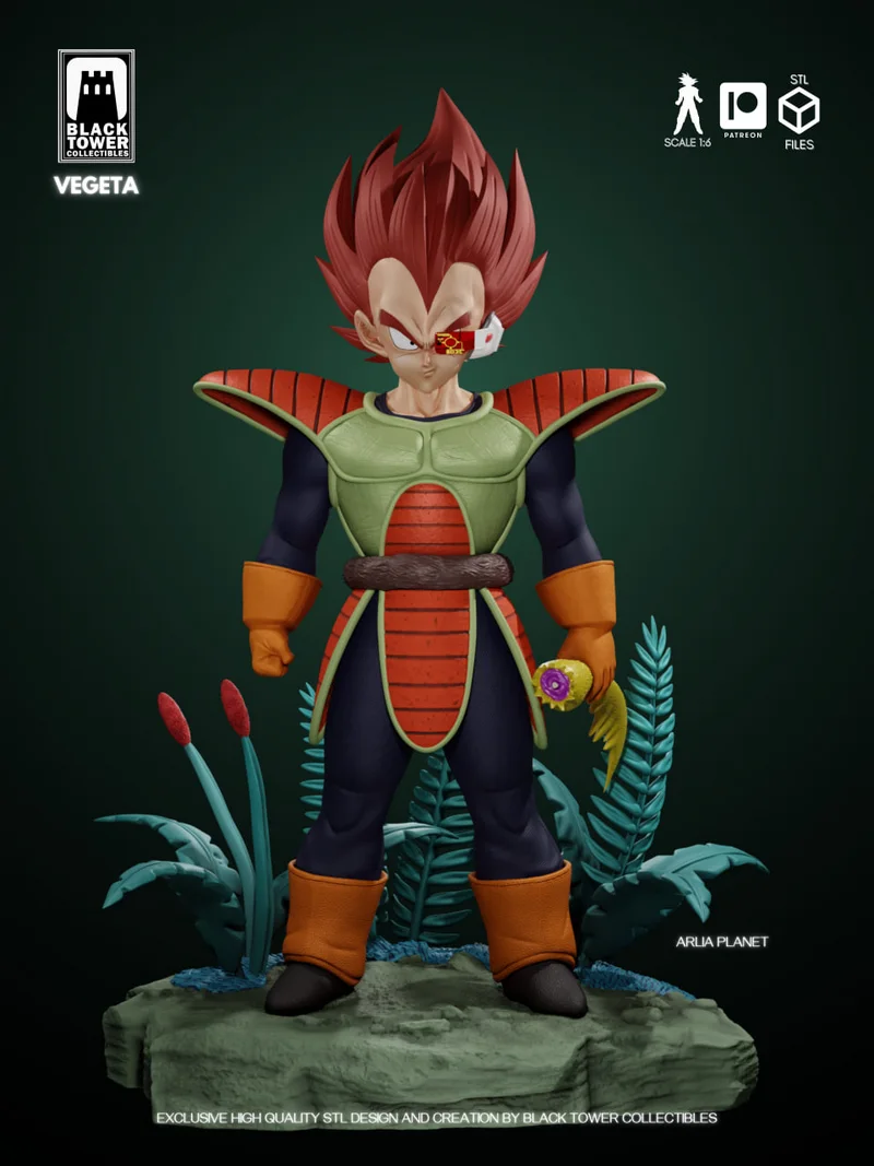 Vegeta Dragon Ball 3D model in Saiyan armor on a rocky plant-covered display base