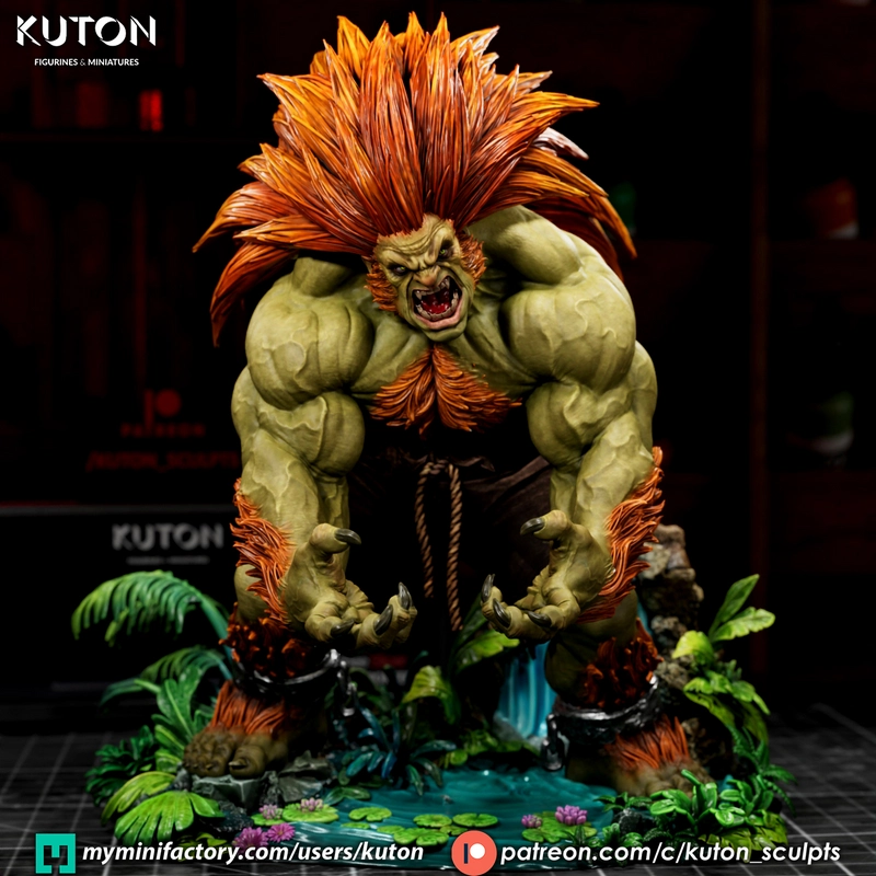 Blanka Street Fighter figurine with orange hair on a jungle-themed base
