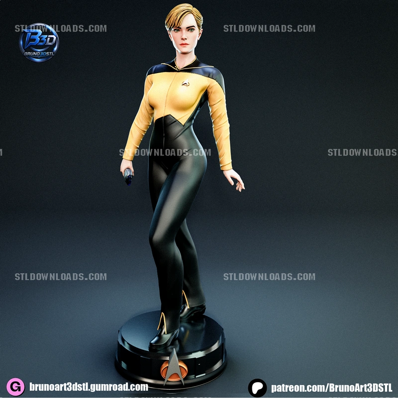 Tasha Yar Star Trek 3D model in a gold-and-black Starfleet uniform on a display base