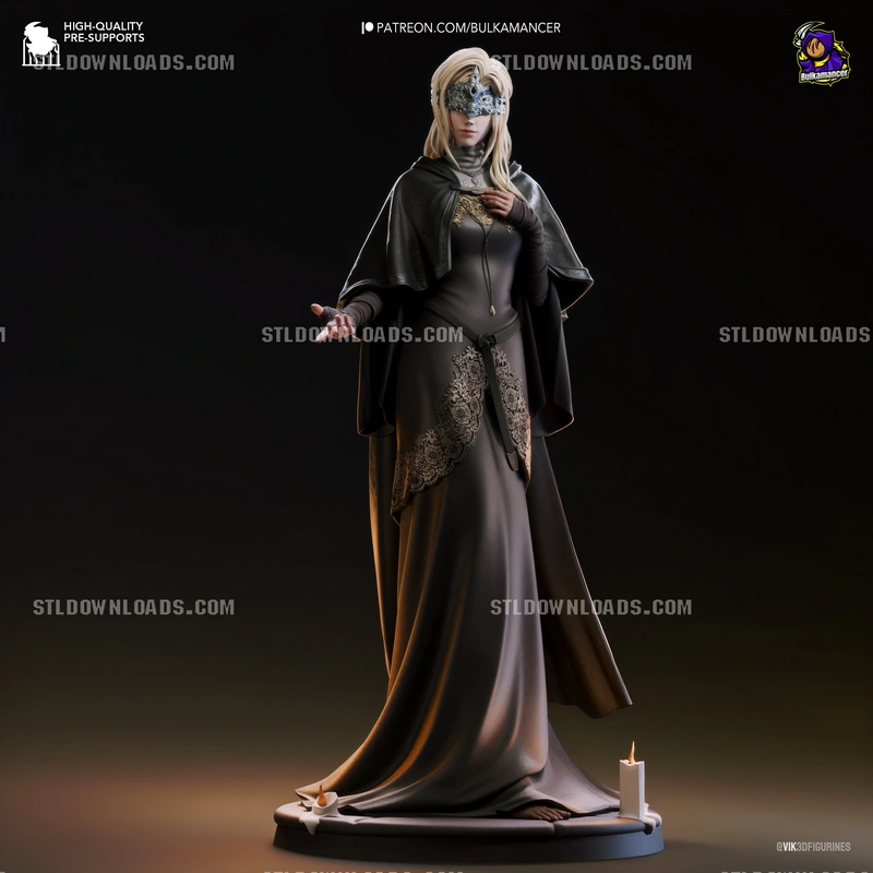 Fire Keeper from Dark Souls as a robed masked statue with candles