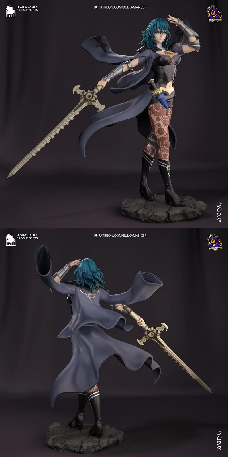 Ashen Professor original fantasy character figurine with teal hair, flowing coat, ornate sword, and rocky base