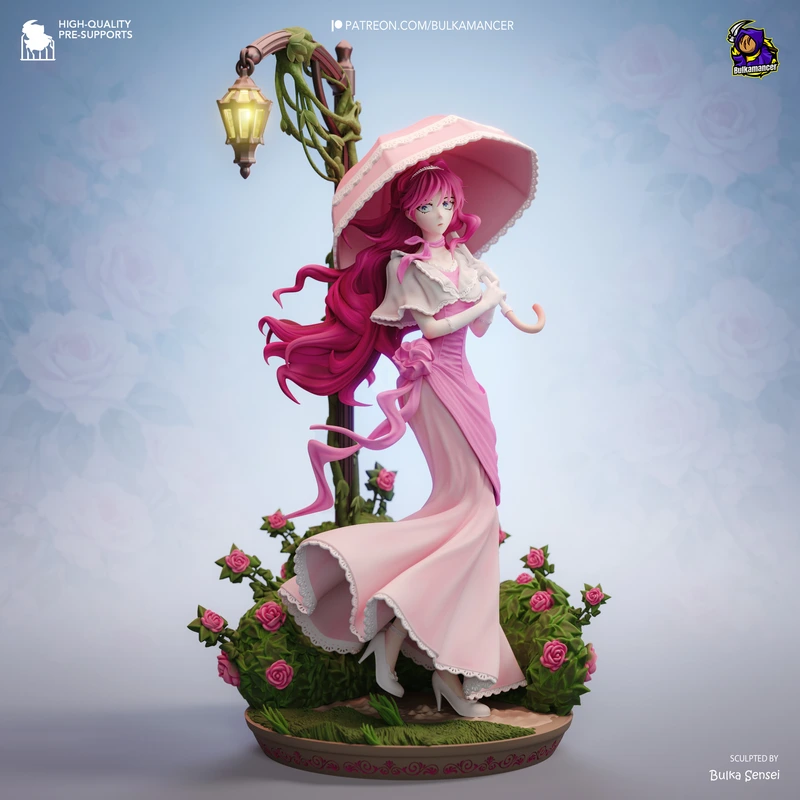 Penelope Eckhart figure with pink parasol, roses, flowing dress, and lantern