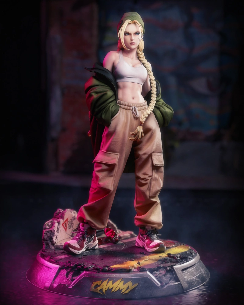 Cammy Street Fighter character figure with braid and display base