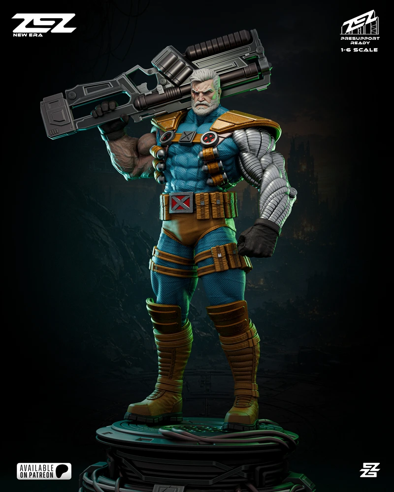 Cable Marvel character statue with cybernetic arm, rifle, armor, and display base