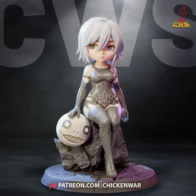 Stylized A2 NieR:Automata figure seated beside an Emil head on a rocky base