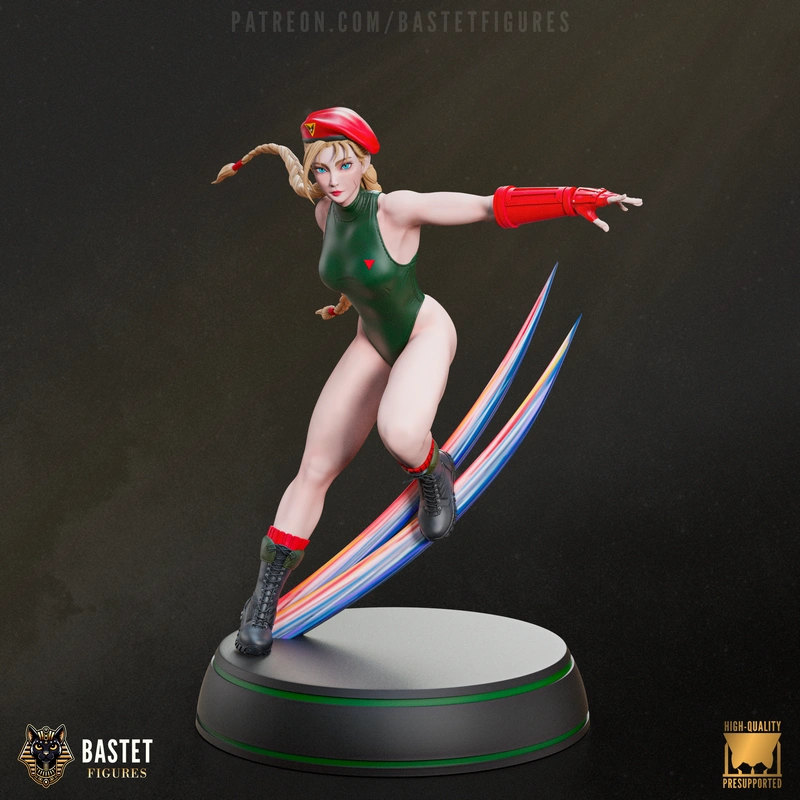Cammy from Street Fighter in a dynamic pose on a round display base