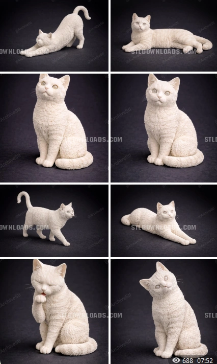 Original cat character 3D model in seated, stretching, lying, and grooming poses