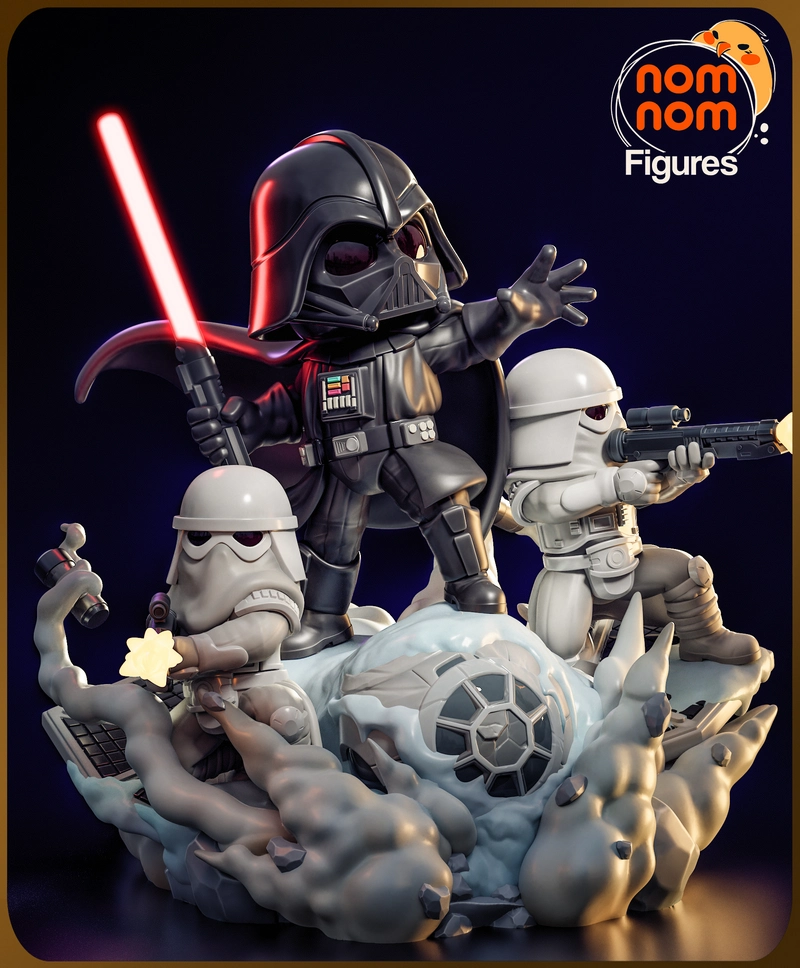 Chibi Darth Vader with stormtroopers, lightsaber and a Star Wars display base