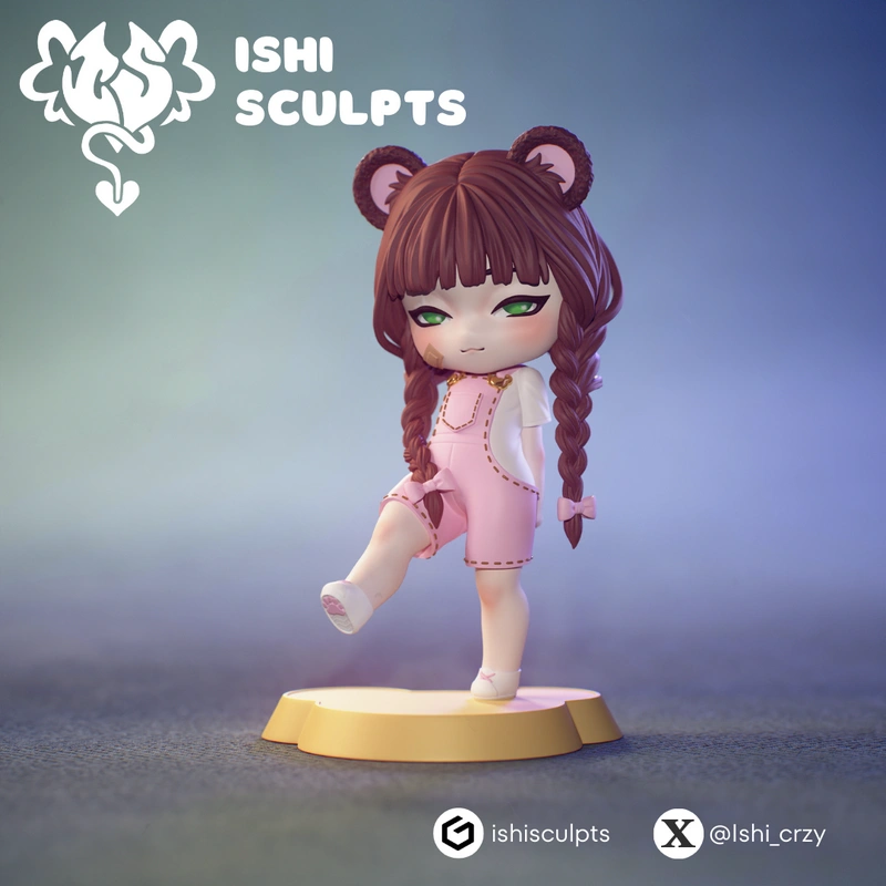 Chibi bear-eared girl in pink overalls standing on a round display base